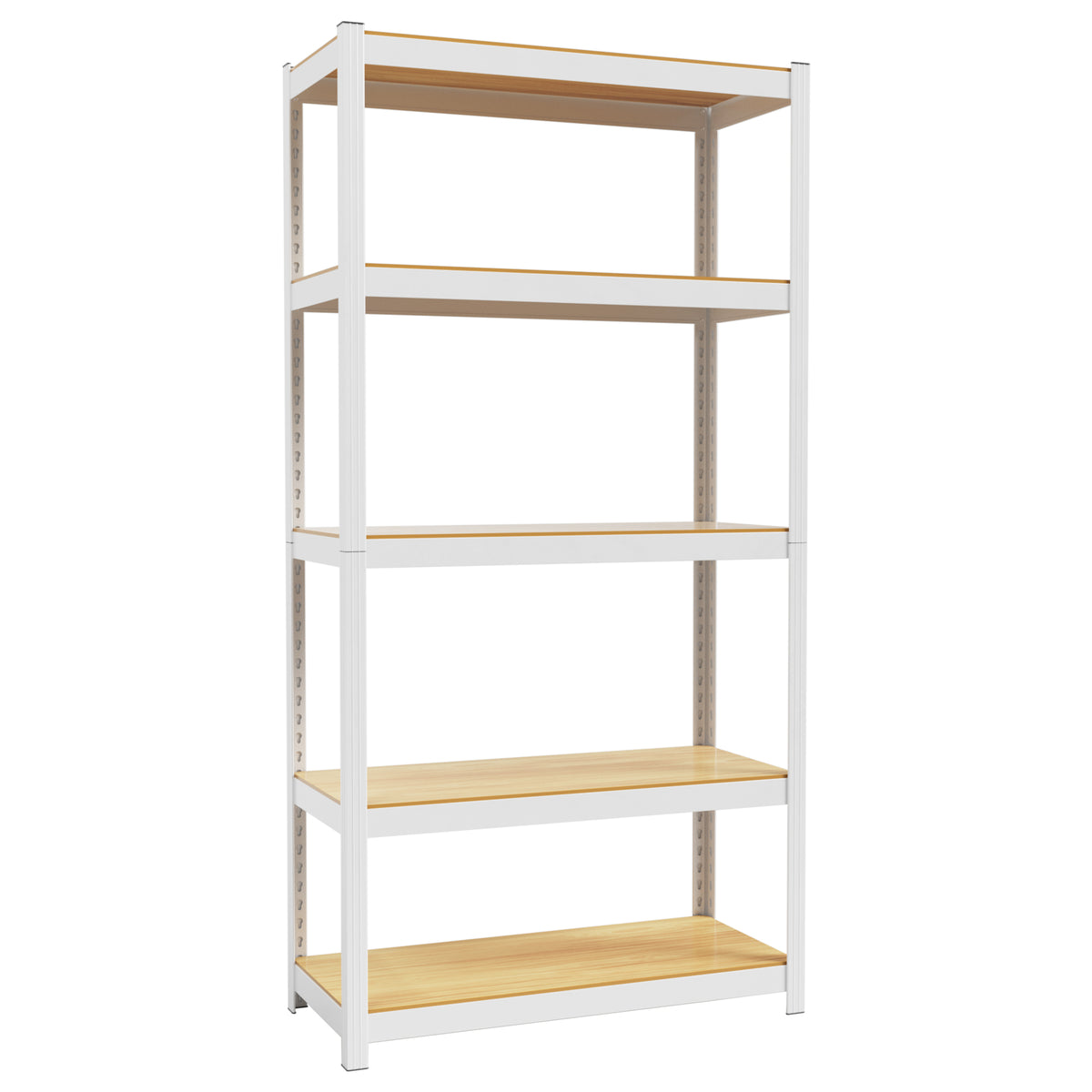 White 5-tier closet storage shelf unit with metal frame and light wood shelves