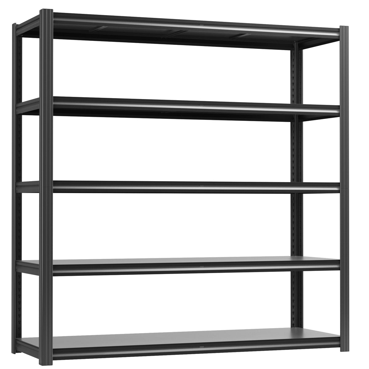 Black metal 5-tier shelving frame with adjustable support rails, open shelf design