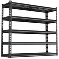Black 5-tier wire mesh storage shelving rack with perforated posts and open shelves