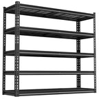 Black 5-tier wire mesh storage shelving rack with perforated posts and open shelves