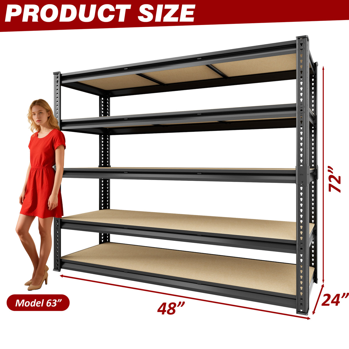 Adjustable 5-tier MDF board shelf rack, shown with size dimensions