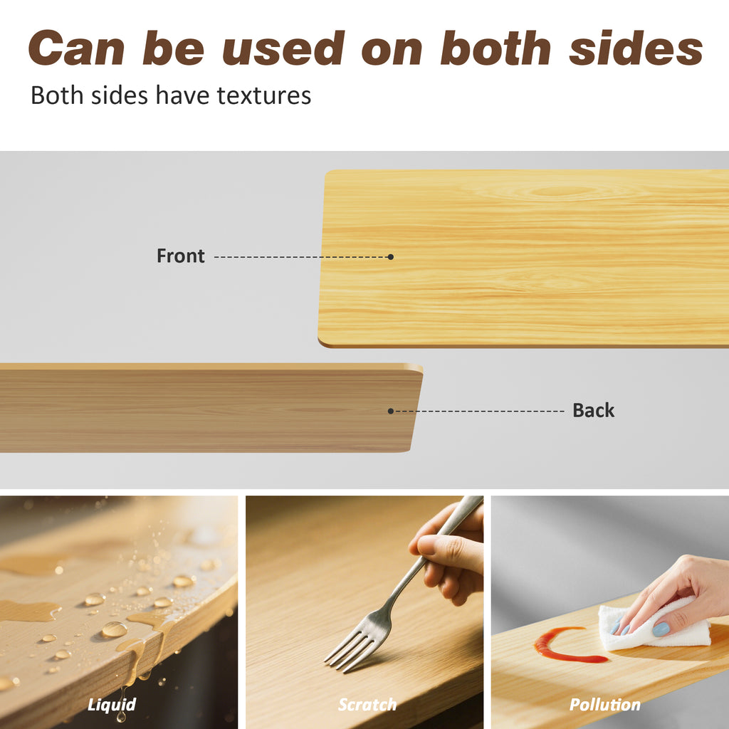 Wood-look shelf boards with front and back surfaces shown for both-side use