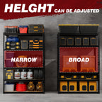Two black 5-tier shelving units with adjustable-height MDF boards shown side by side