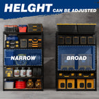 Adjustable 5-tier can storage shelf with black frame and MDF shelves, narrow view.