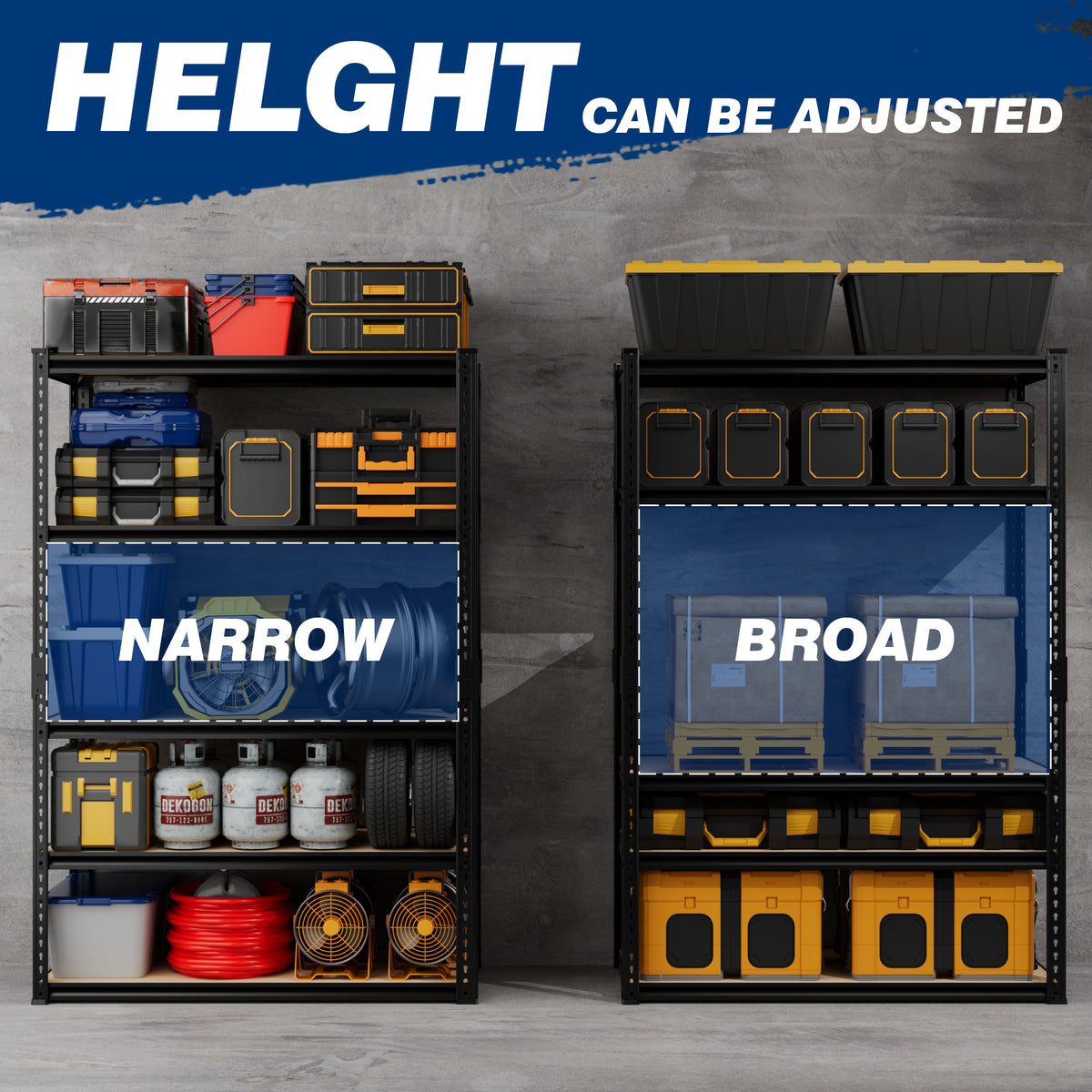 Adjustable 5-tier can storage shelf with black frame and MDF shelves, narrow view.