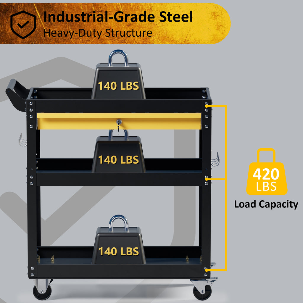 Heavy-duty steel tool cart with dark frame, yellow shelves, and three lockable bays