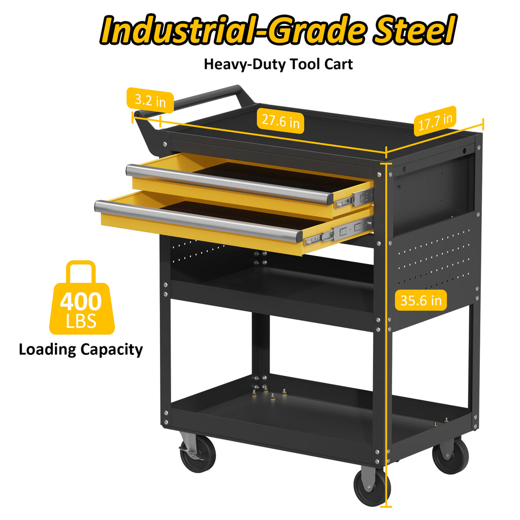 Black heavy-duty tool cart with yellow trays, side pegboard panels, and drawers on wheels