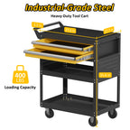 Black heavy-duty tool cart with yellow trays, side pegboard panels, and drawers on wheels