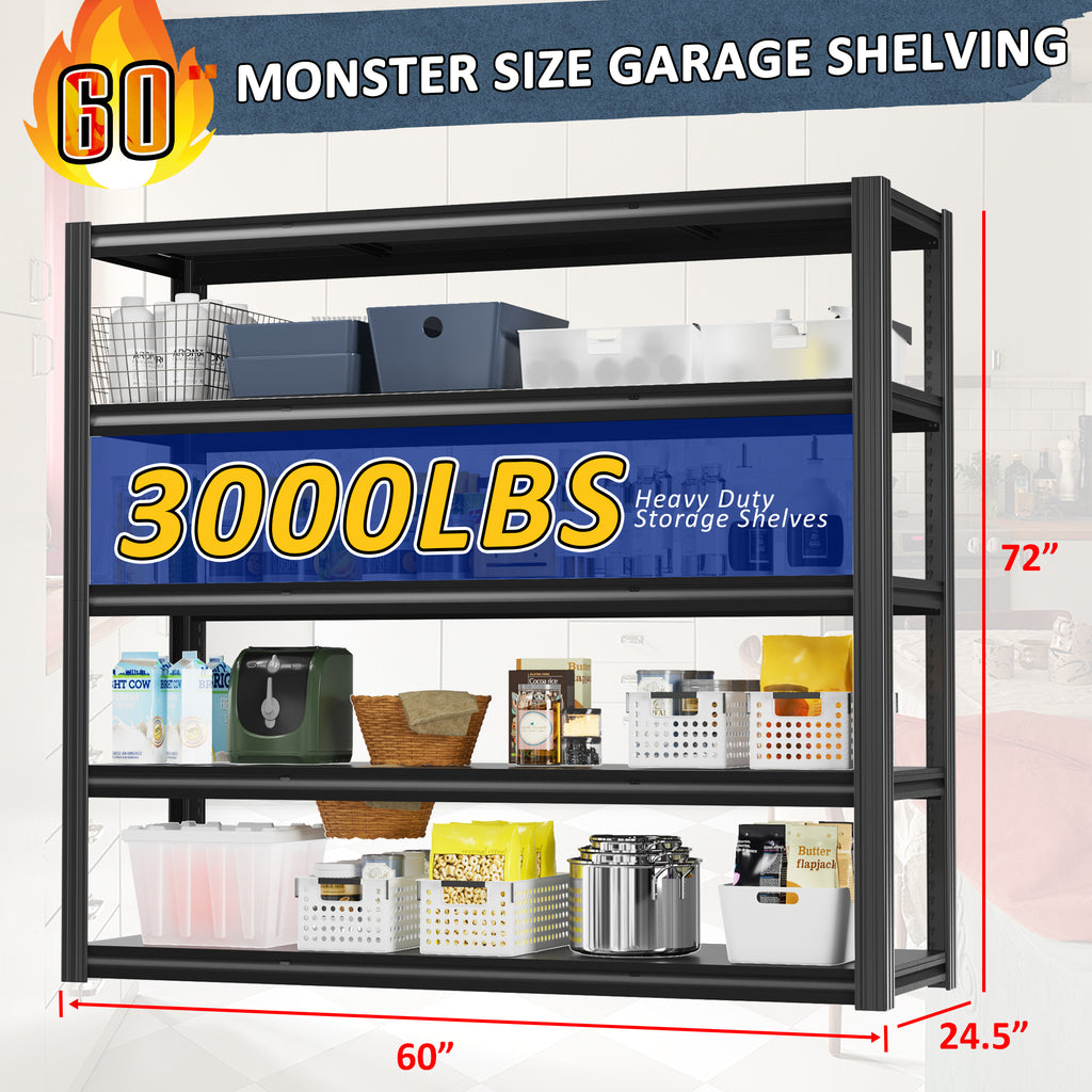 5-tier heavy-duty steel shelving unit with dark gray frame and multiple filled shelves