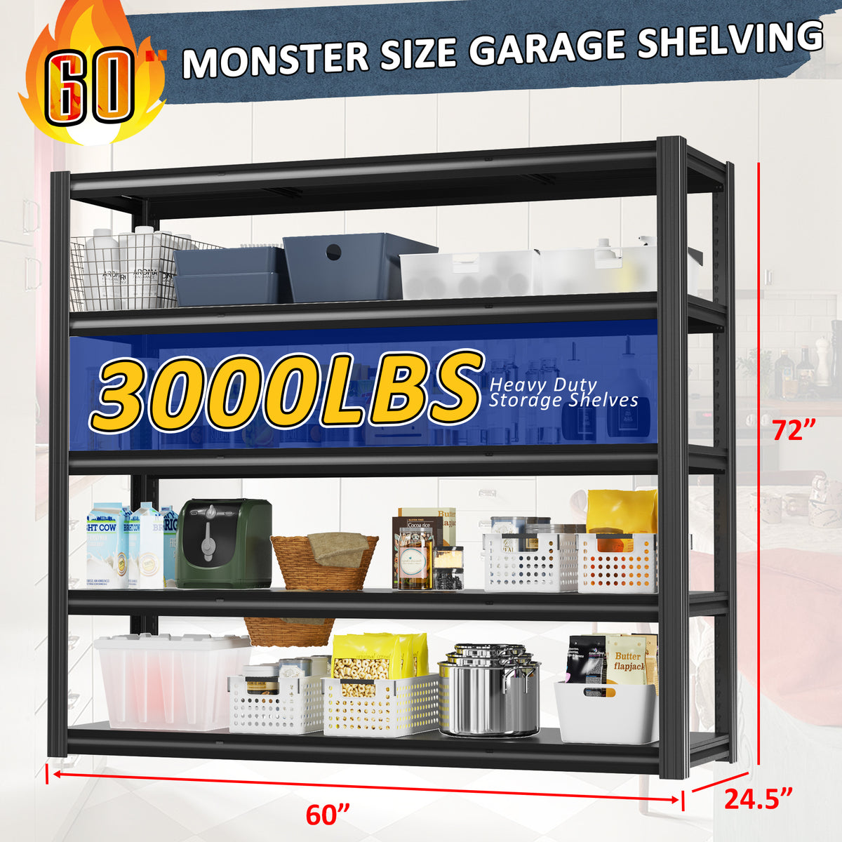 5-tier heavy-duty steel shelving unit with dark gray frame and multiple filled shelves