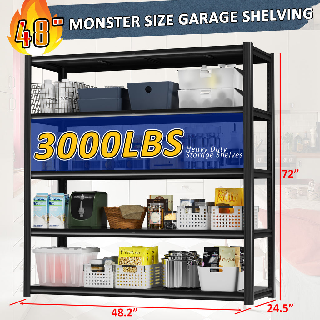 Black steel 5-tier garage shelving unit with open shelves for heavy-duty storage