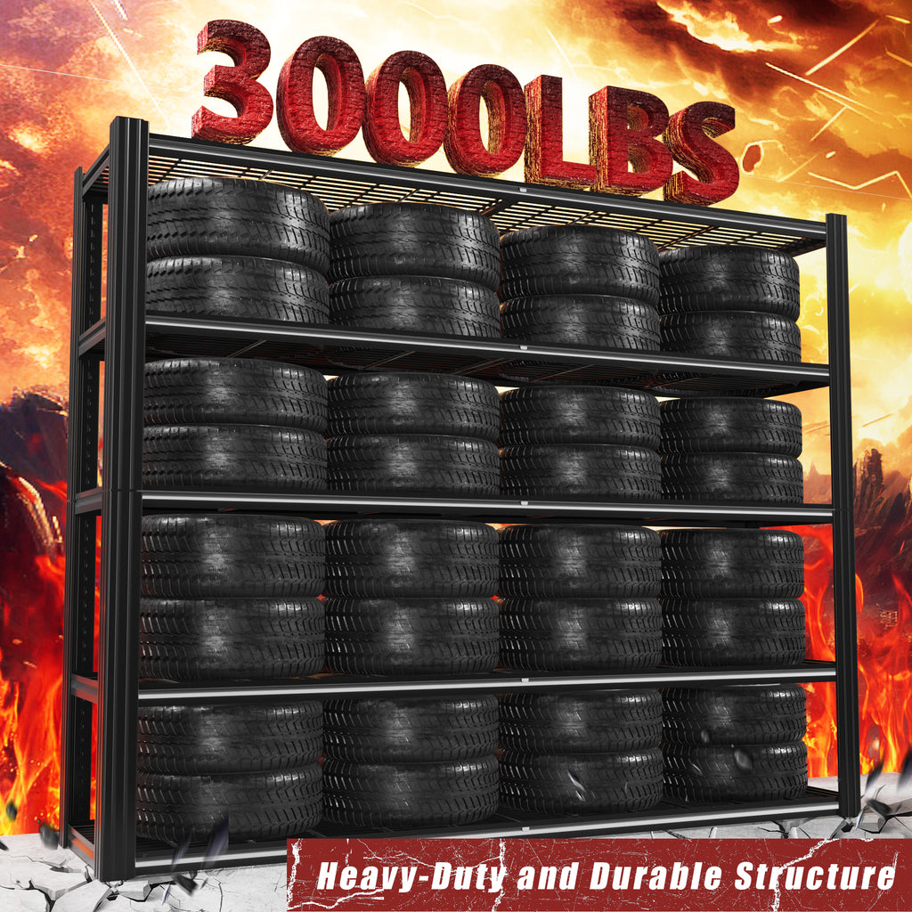 5-tier black wire mesh shelving rack holding stacked tires with metal frame