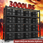 5-tier black wire mesh shelving rack holding stacked tires with metal frame