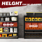 5-tier shelving rack with adjustable height supports and storage bins