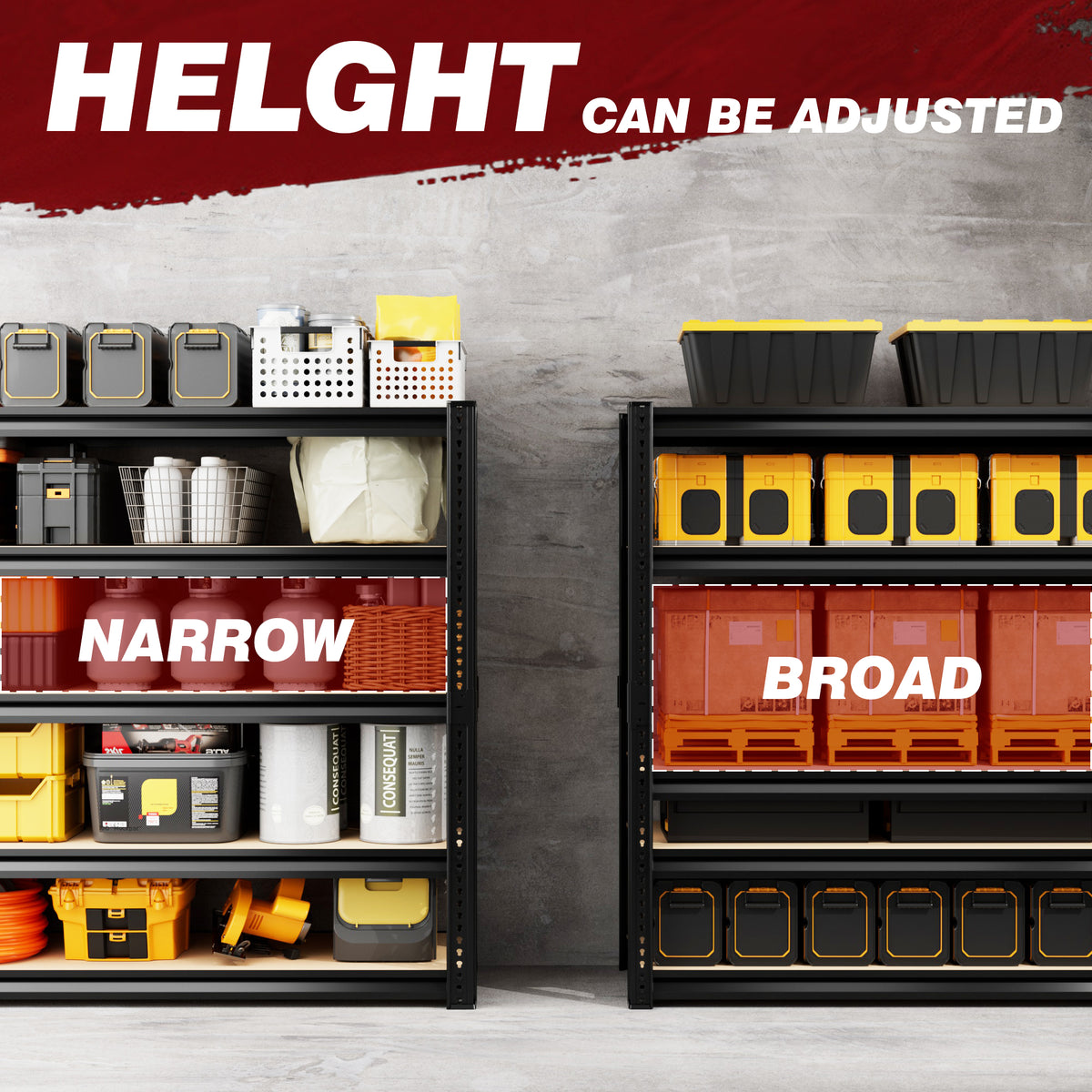 5-tier shelving rack with adjustable height supports and storage bins