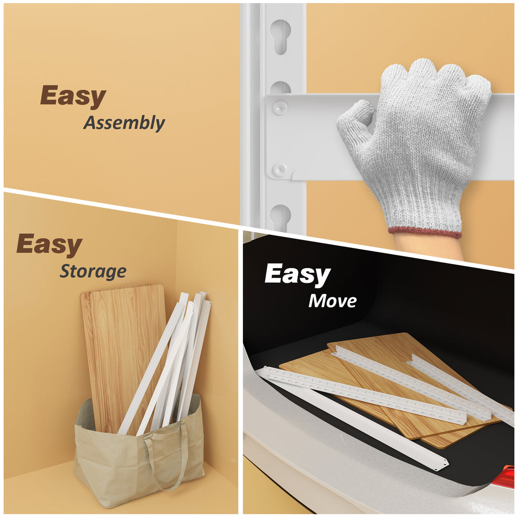 White modular storage shelf with quick assembly and easy storage move feature