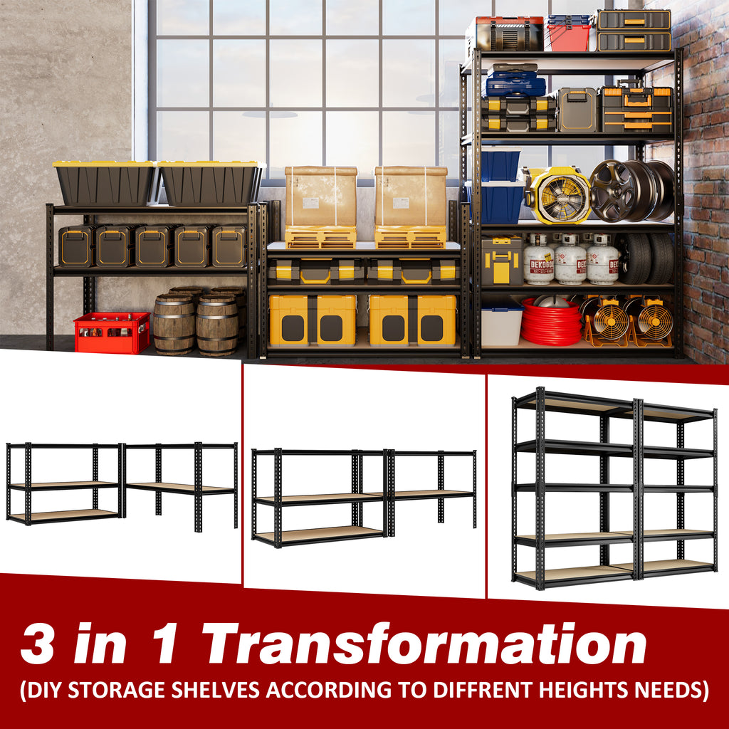 Black 5-tier metal shelving with MDF boards in a storage setup