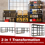 Black 5-tier metal shelving with MDF boards in a storage setup