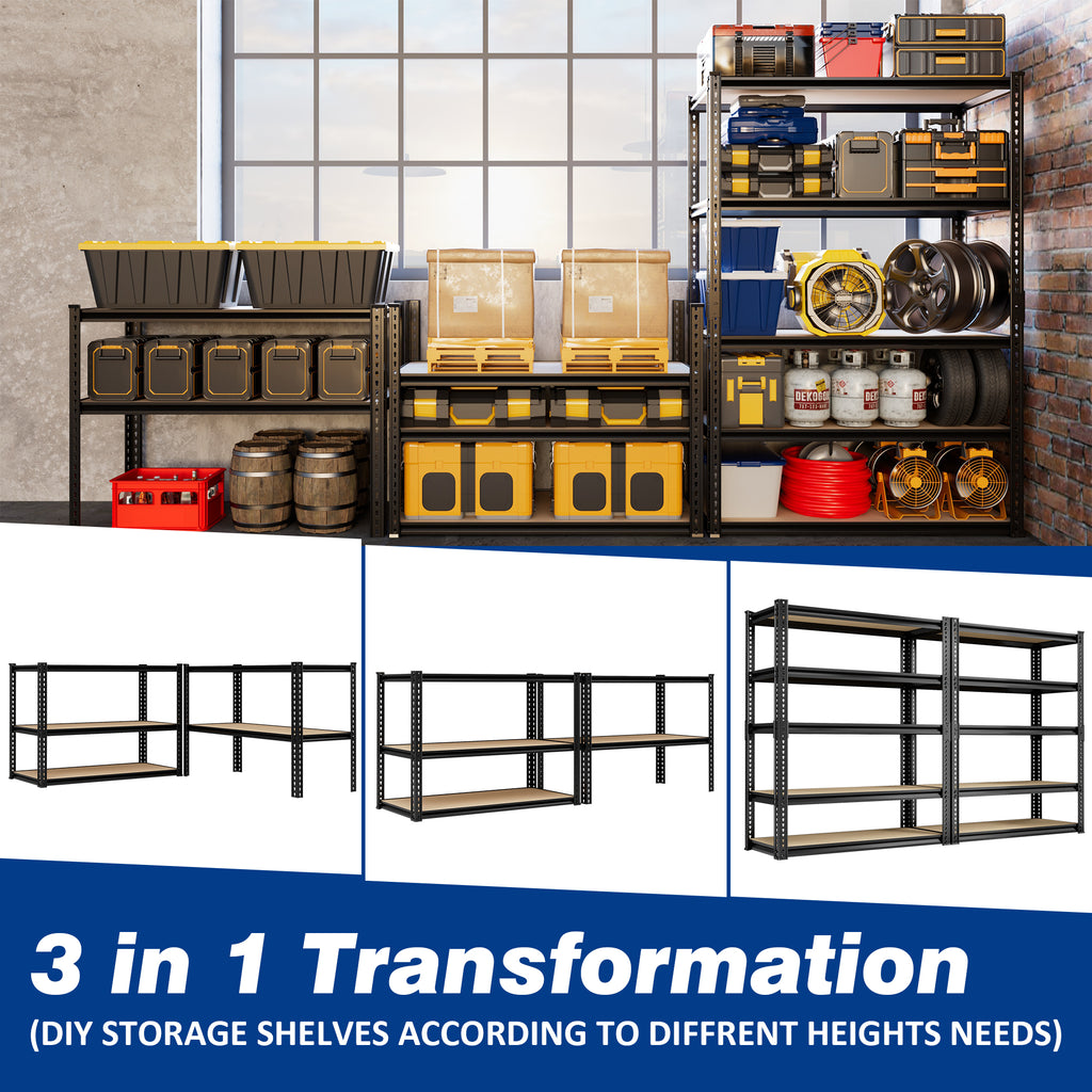 3-in-1 transformation display of 5-tier storage shelves with black frame and MDF boards.