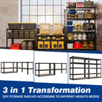 3-in-1 transformation display of 5-tier storage shelves with black frame and MDF boards.