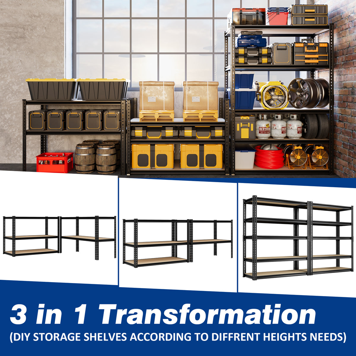3-in-1 transformation display of 5-tier storage shelves with black frame and MDF boards.