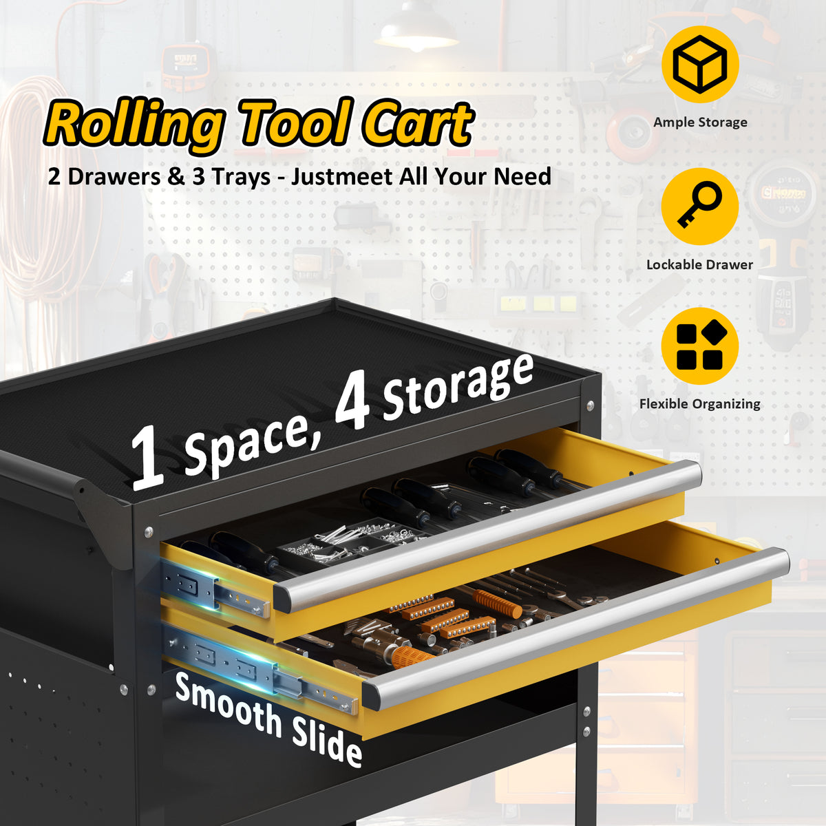 Black rolling tool cart with two drawers and multiple slide trays for organized tool storage