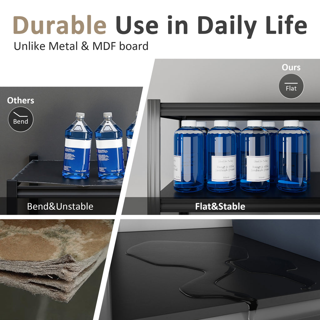 5-tier steel shelving board comparison graphic showing flat, durable surface