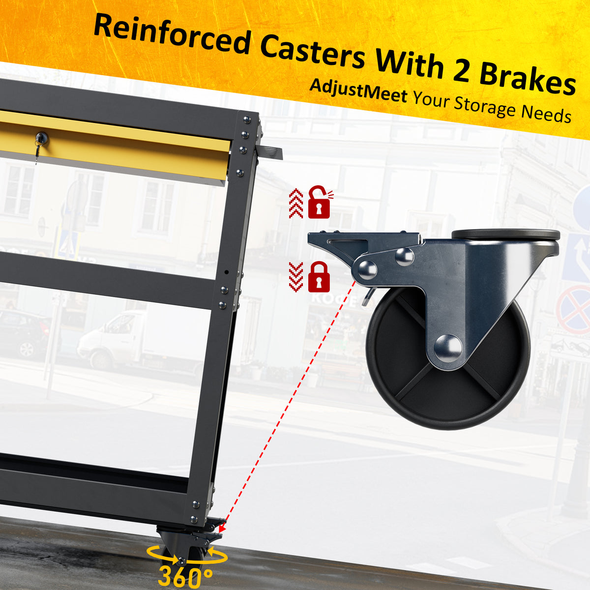 Tool cart corner with reinforced caster wheel and two-brake swivel support