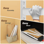 White metal shelf frame parts with connected brackets and light wood boards