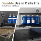 Black steel 5-tier shelving with flat, stable shelves holding beverage bottles