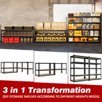 5-tier transformable storage shelving shown in multiple height configurations