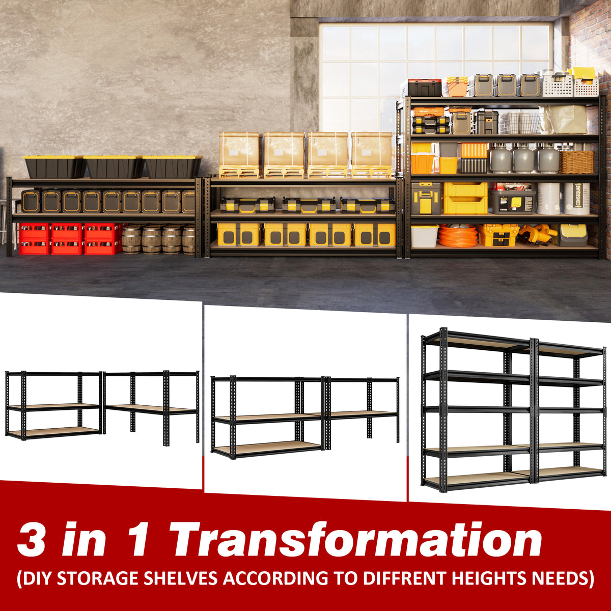 5-tier transformable storage shelving shown in multiple height configurations
