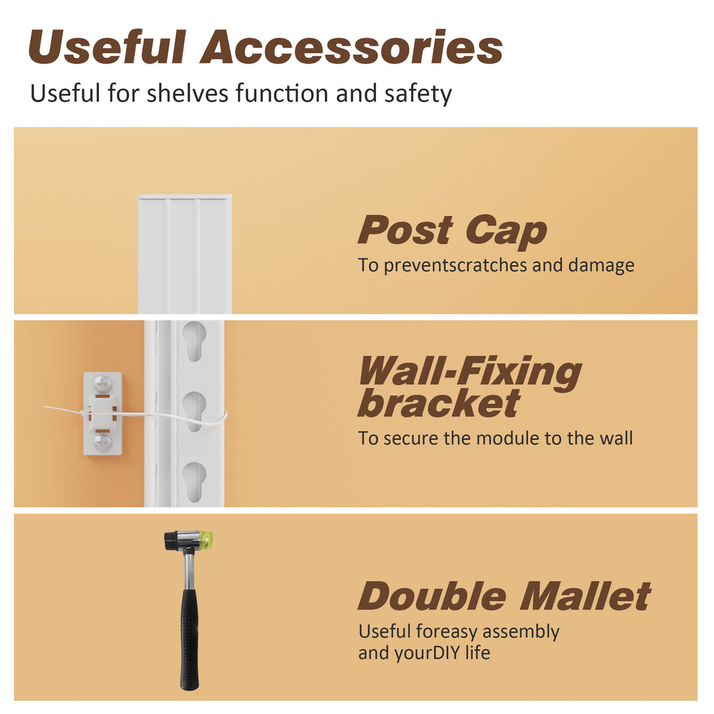 White shelf storage accessories including post caps, wall-fixing bracket, and double mallet