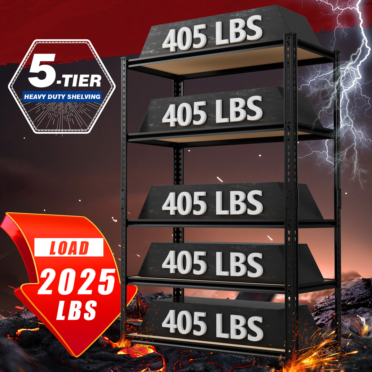 Black 5-tier heavy duty metal shelving unit with MDF boards, front view