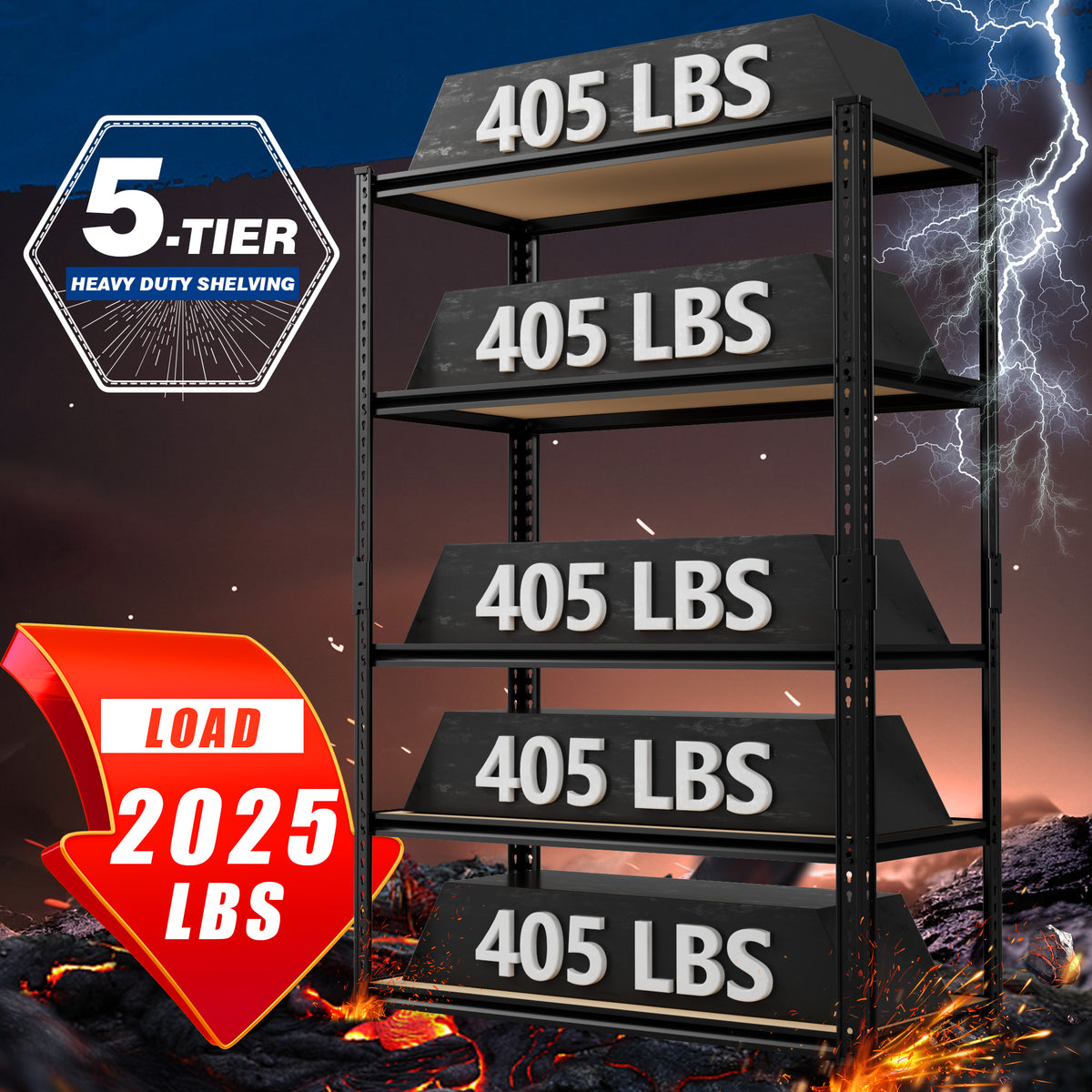 Heavy-duty 5-tier storage shelf with black metal frame and wood MDF shelves.