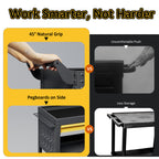Rolling tool cart with 45-degree grip handle and side pegboard for hanging tools