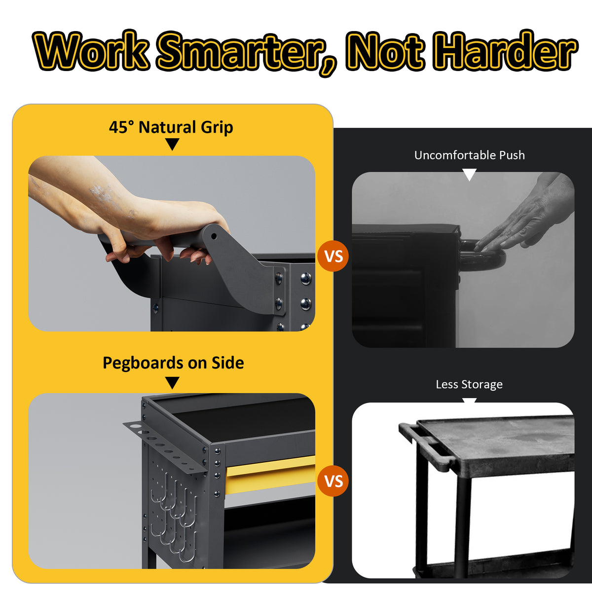 Rolling tool cart with 45-degree grip handle and side pegboard for hanging tools