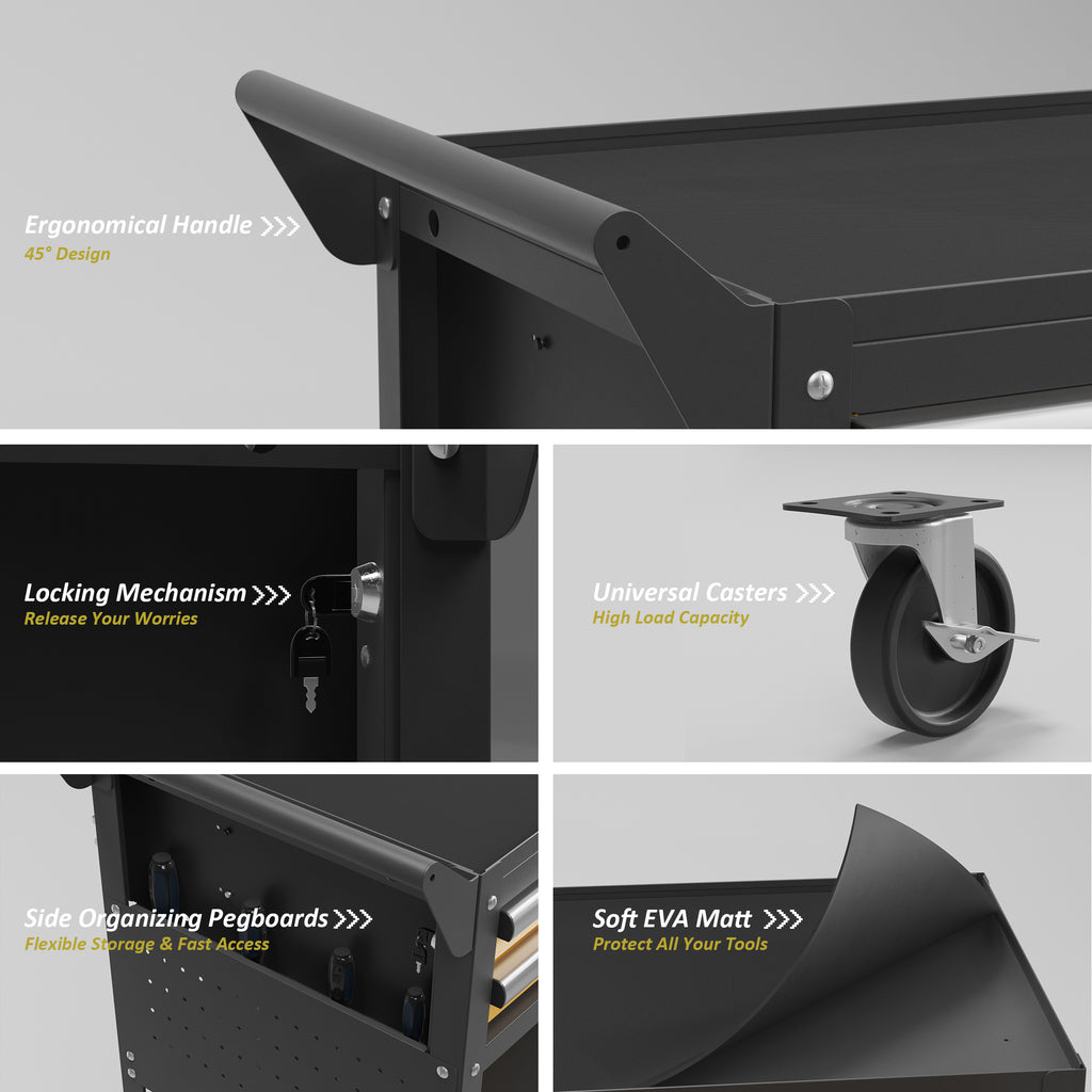 Tool cart close-up: curved handle, locking mechanism, side pegboard, and soft EVA mat tray