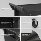 Tool cart close-up: curved handle, locking mechanism, side pegboard, and soft EVA mat tray