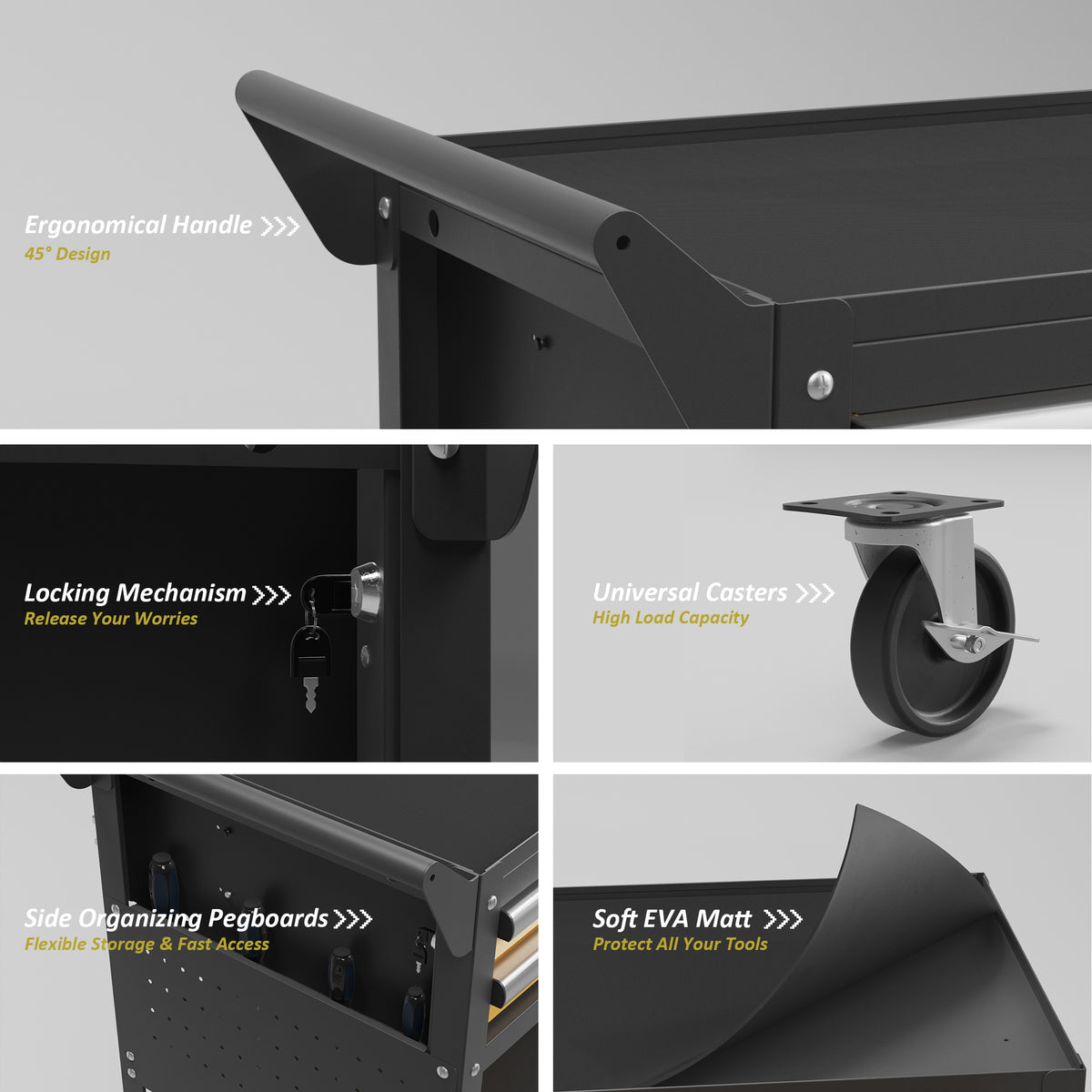 Tool cart close-up: curved handle, locking mechanism, side pegboard, and soft EVA mat tray