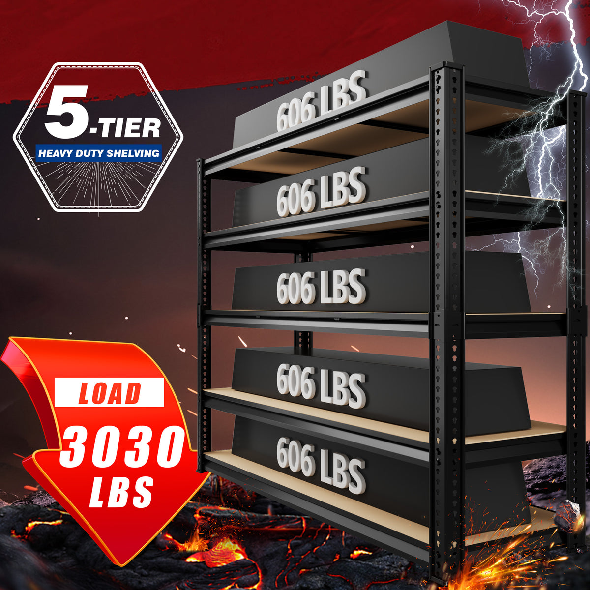 Heavy-duty 5-tier shelving unit with steel frame and MDF board shelves