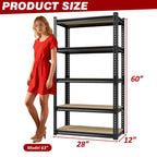 Black 5-tier MDF wood board shelving unit with steel frame, 28 in wide