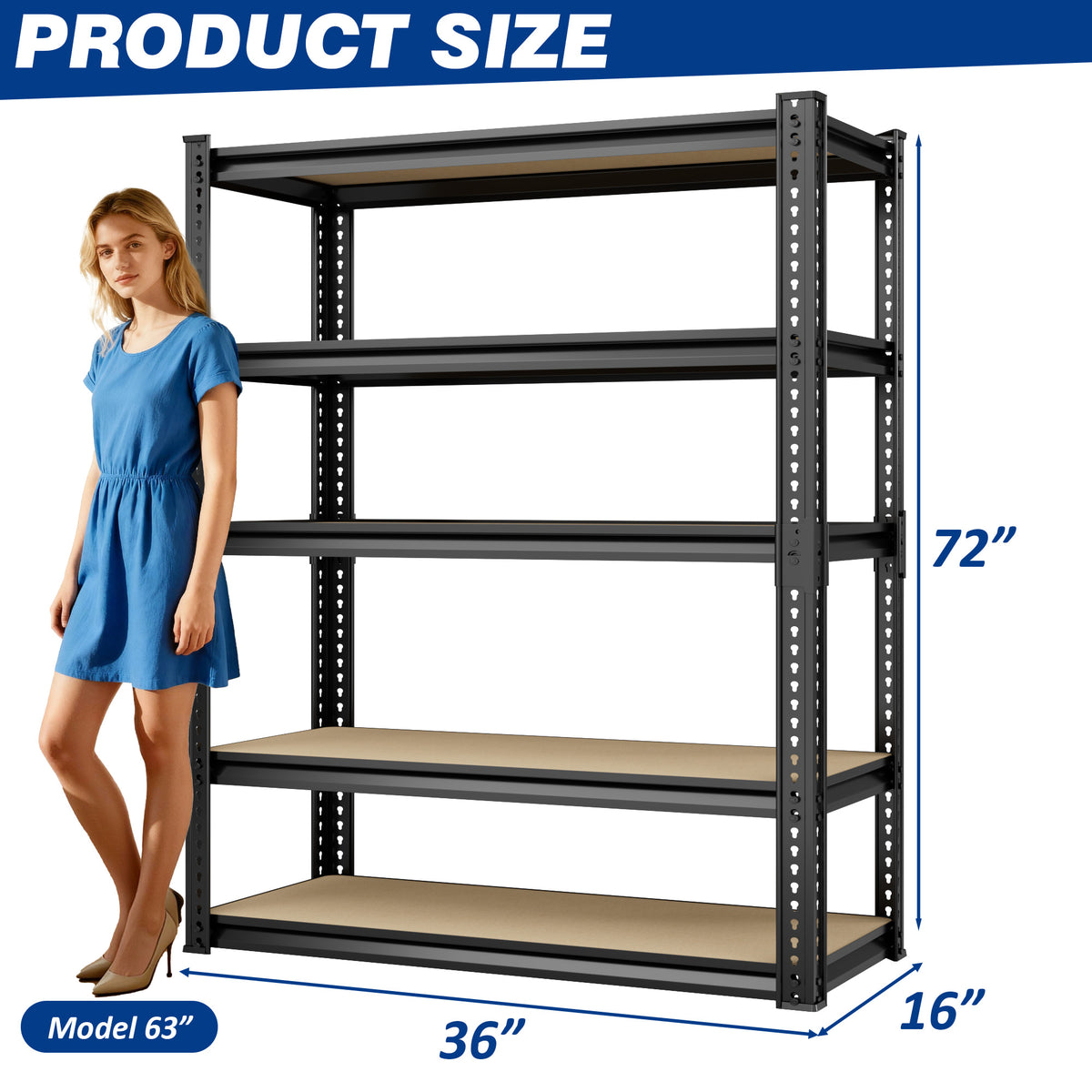5-tier storage shelf with black metal frame and MDF wood shelves, 36 in wide.