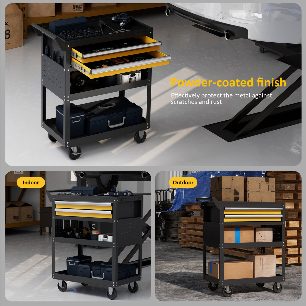 Black tool cart with yellow trays and two drawers, powder-coated finish, rolling on casters
