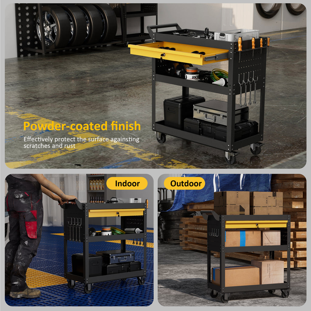 Powder-coated tool cart with yellow top drawer, storage shelves, and side hook rail