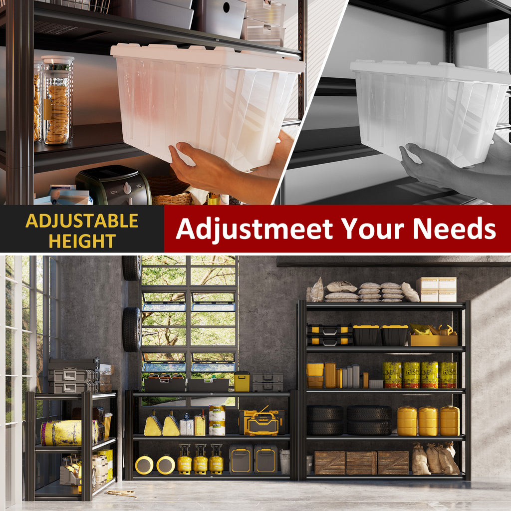 Adjustable-height black steel 5-tier shelving unit with removable shelves and bins