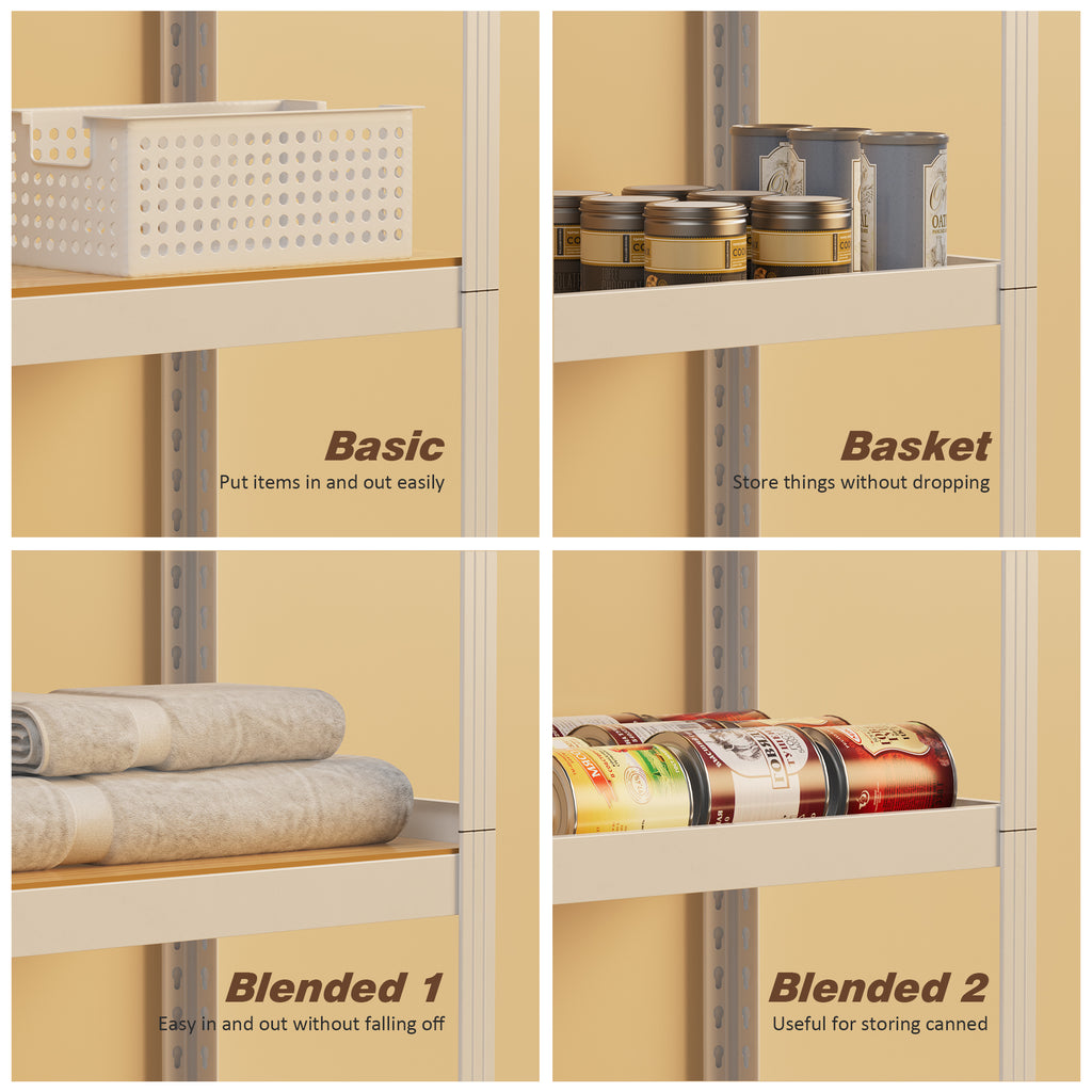 White 5-tier organizer shelves with light wood boards and storage bins on each level