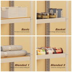 White 5-tier organizer shelves with light wood boards and storage bins on each level