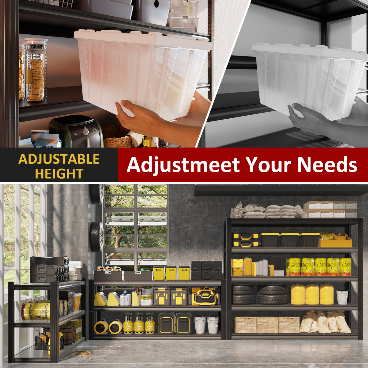 Adjustable-height shelving unit graphic showing stable open shelf surfaces