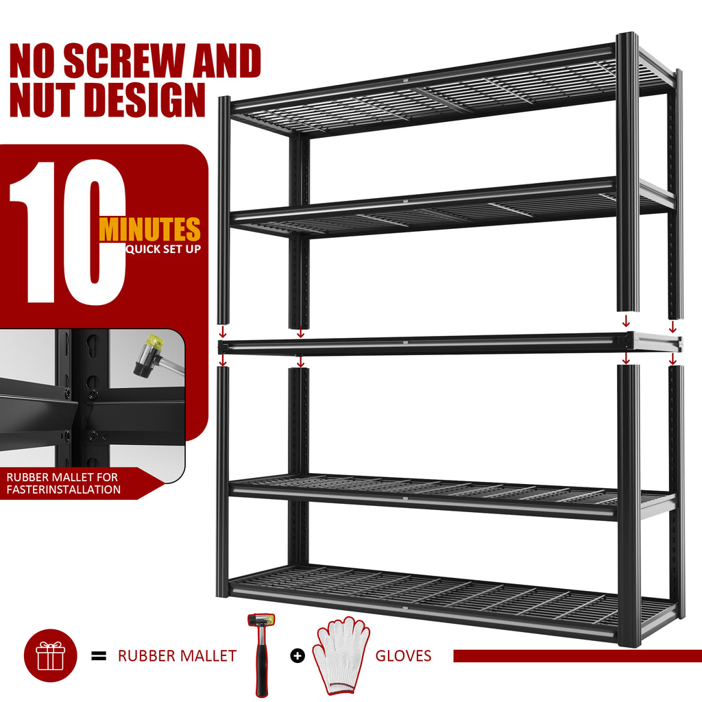 Wire mesh shelving rack with 5 tiers and quick no-screw style setup